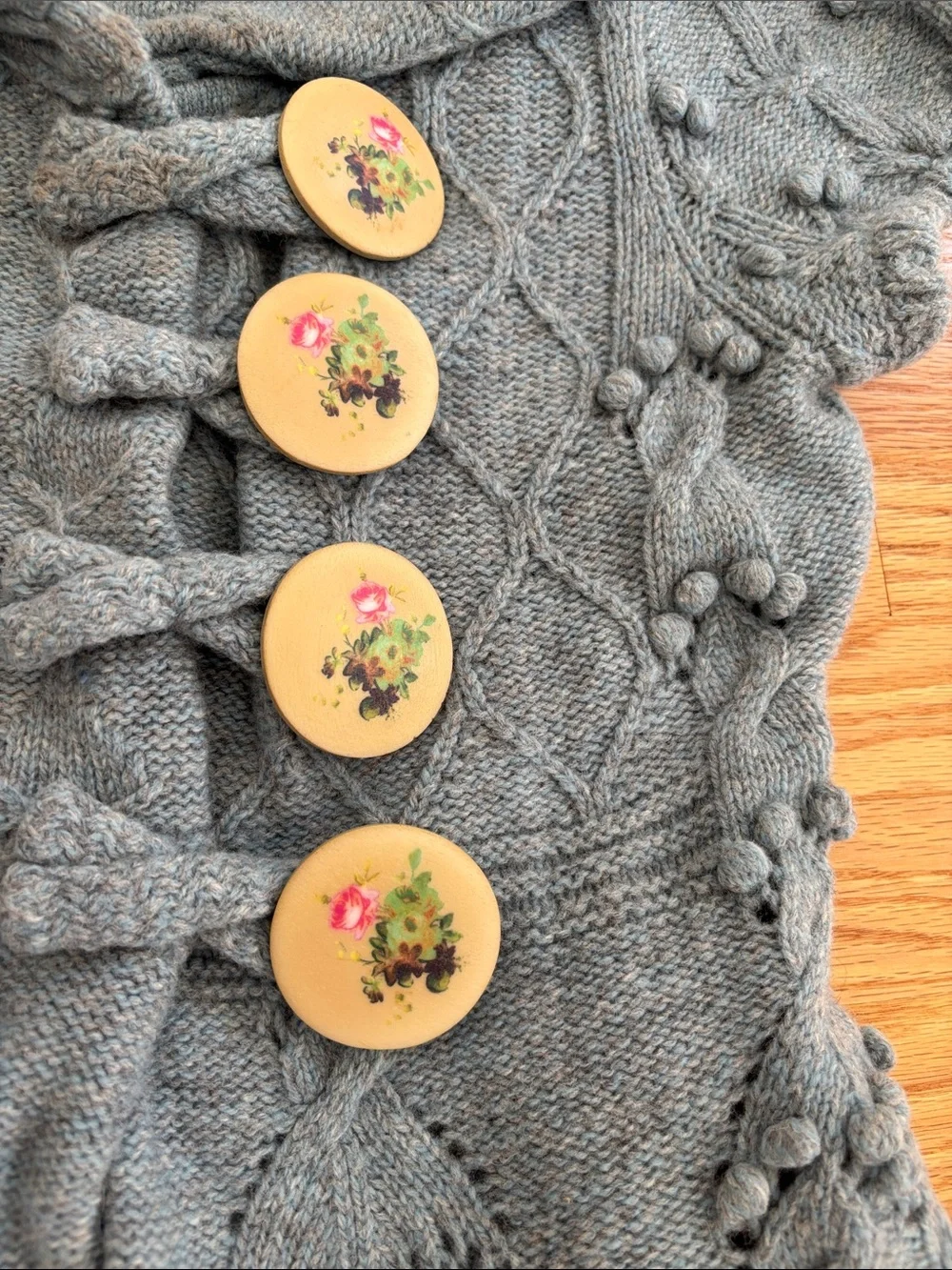 Anthropologie Leifsdottir Light Blue Wool Cardigan with Floral Buttons - Picture 3 of 5